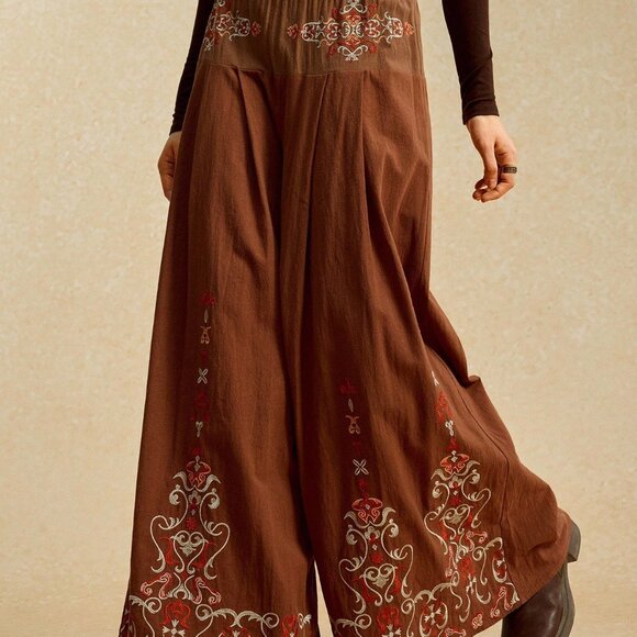 Coffee Brown Women's Patchwork Embroidered Wide Leg Pants - Picture 8 of 10
